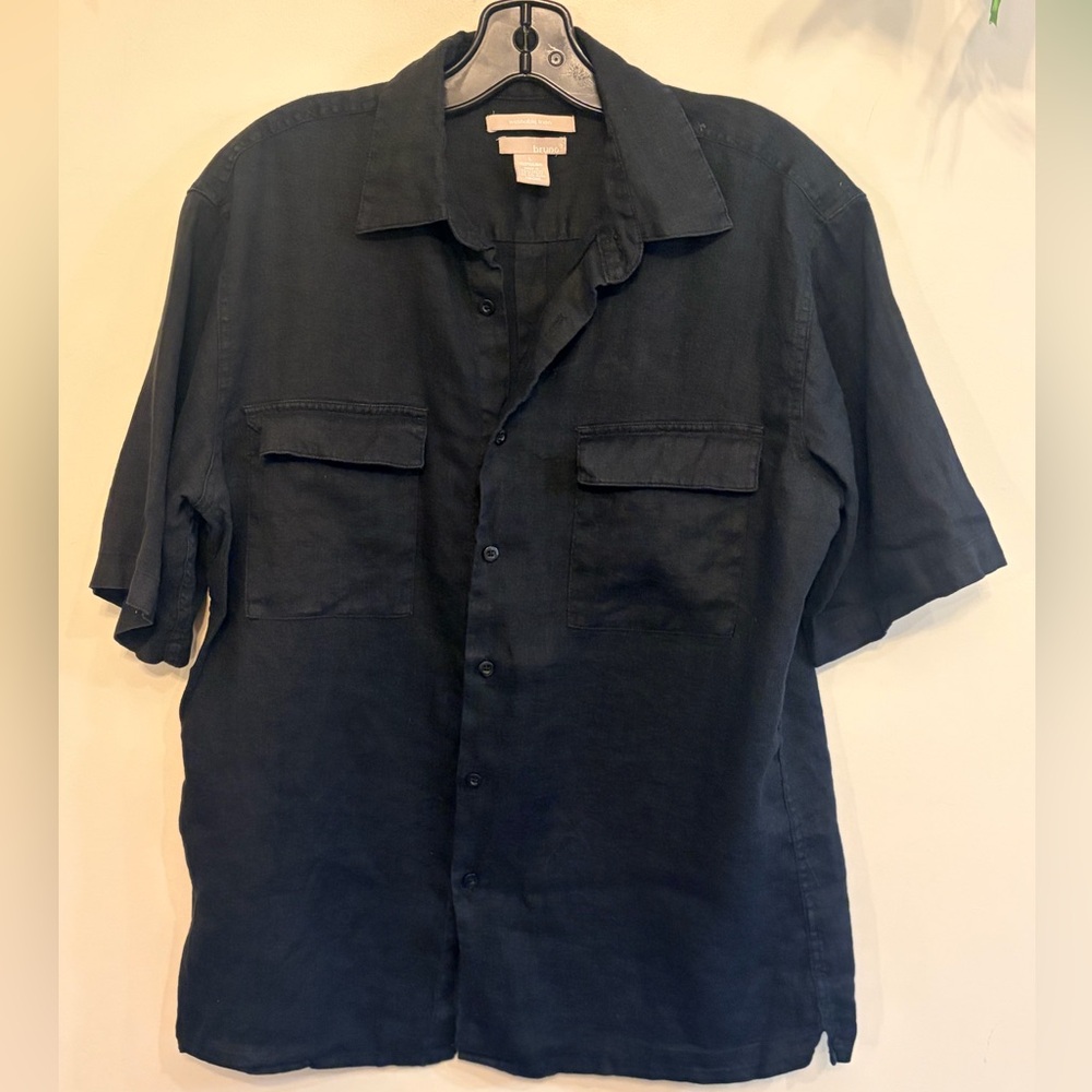 BRUNO Linen Men's Black Short Sleeve Button-Up Shirt